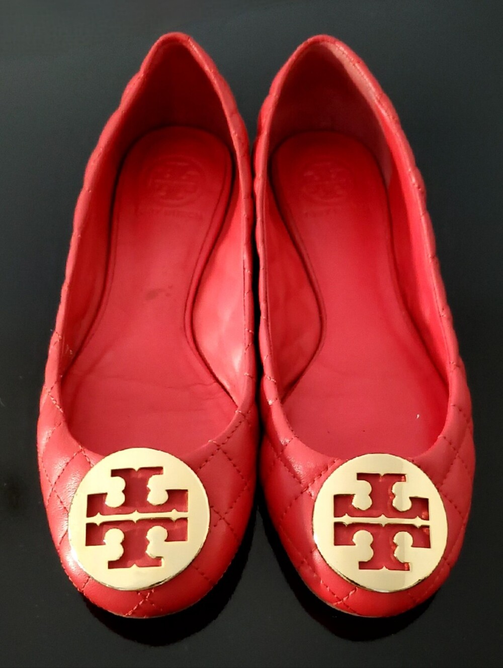 Tory Burch Designer Carnival Red/Gold Quinn Quilted Leather Ballet Flats 7.5